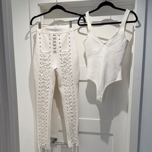 White Lace-Up High-Waist Pants set with Bodysuit